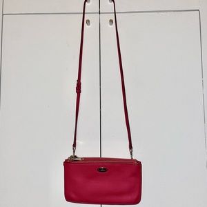 Coach Lyla Double Gusset Pebbled Leather Crossbody in Pink Ruby w/Gold Hardware
